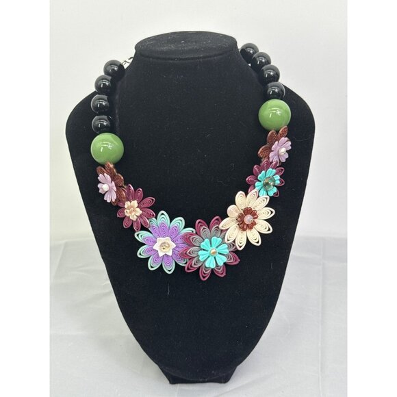Floral Design Statement Necklace With Multicolor Paper Flowers & Large Beads - Picture 1 of 5